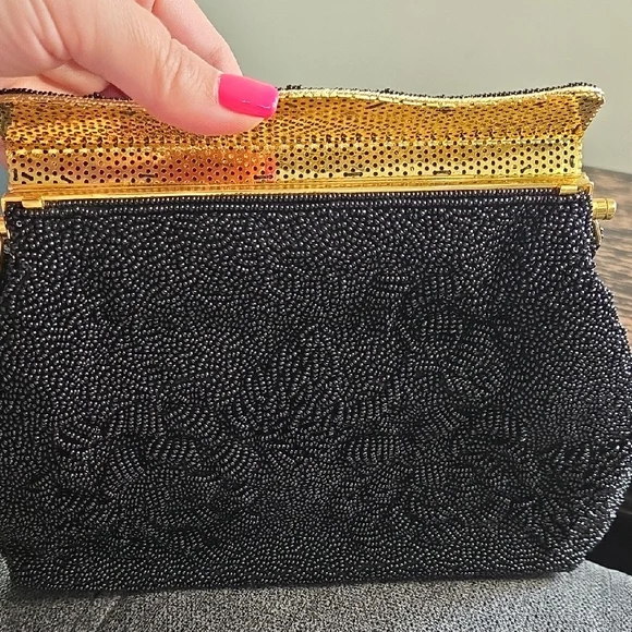 Black Beaded Vintage Handbag with Silk Interior - Picture 7 of 9